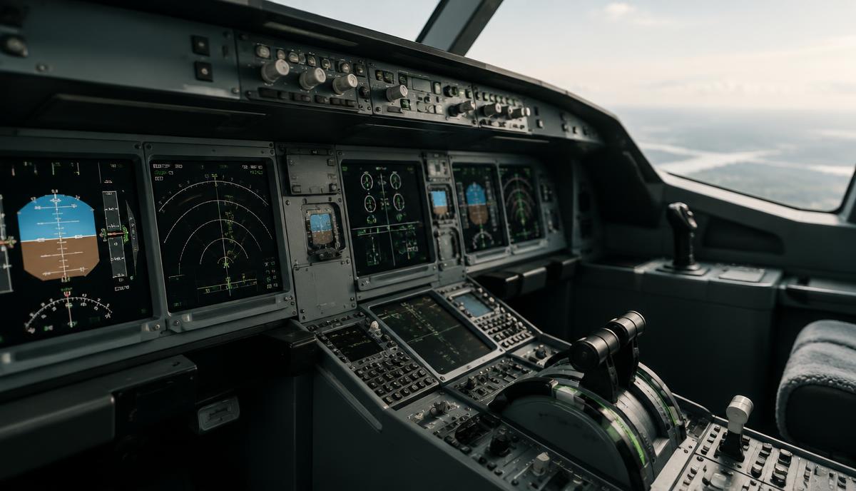 An aircraft cockpit showing the many connected controls in a safety-critical system
